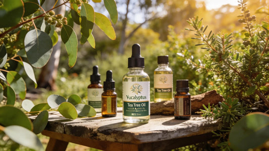 Vibrant assortment of pure Australian essential oils including eucalyptus and tea tree amidst natural greenery