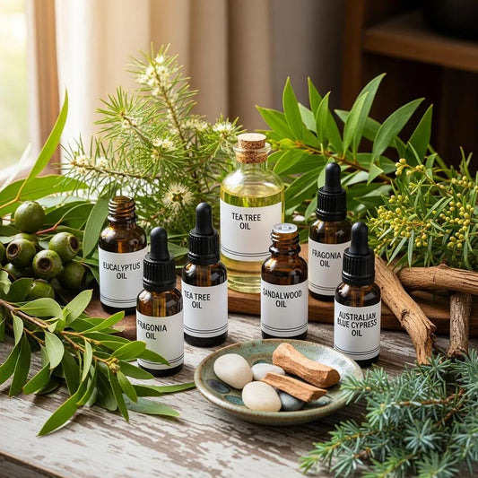 Variety of pure essential oils in glass bottles with fresh Australian herbs, representing natural wellness
